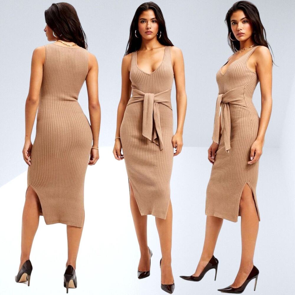 GOOD AMERICAN Rib Tie Waist Midi Dress Taupe Beige Maxi Sexy Cocktail Curvy 4X 7